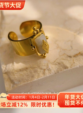 复古开口钛钢金色亮面中古女士戒指高级感指环宫廷风星芒老钱风