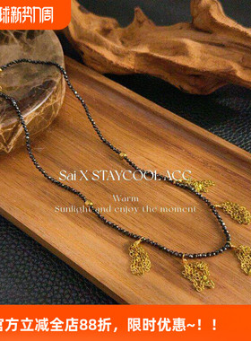 切面小米珠串珠中古复古女士流苏锁骨链项链暗黑色毛衣链短链