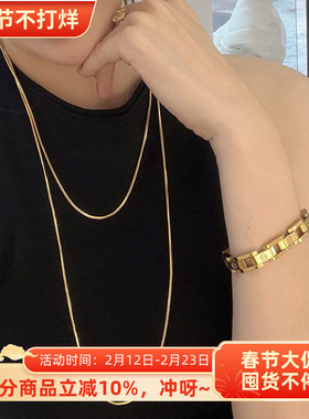 18K金方蛇骨链ins轻奢钛钢金色长款项链女双层叠戴简约不掉色潮
