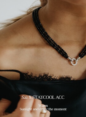 多层黑尖晶石切面缠绕项链女士锁骨链复古时髦