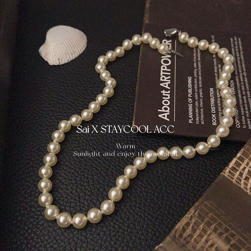 8MM浅香槟金施家水晶珠珠项链女士高级感干枯玫瑰色锁骨链45cm