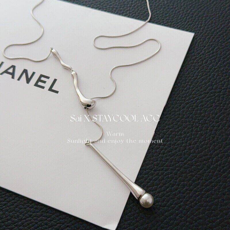 冷淡风清冷金属水滴珠珠吊坠长款项链女士高级感毛衣链复古