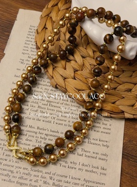 秋冬美拉德虎眼石摩卡金棕色串珠项链女士双层毛衣链可拆卸