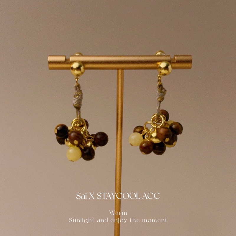 棕色咖色葡萄串耳坠女士耳钉复古耳环高级感美拉德色质感