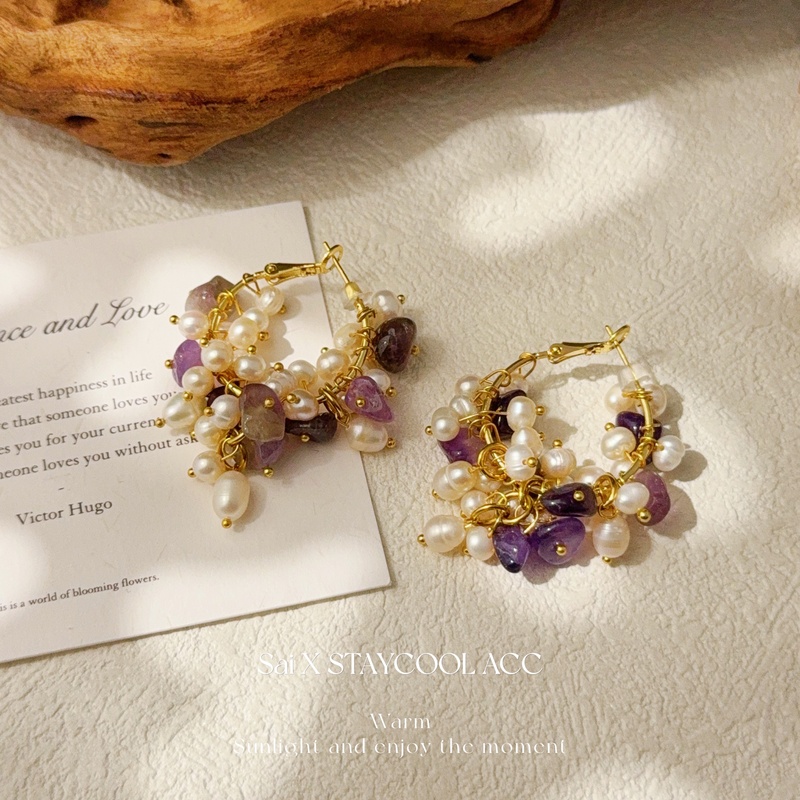 淡水珍珠耳环花团紫水晶女士耳圈耳钉高级感复古高贵气质