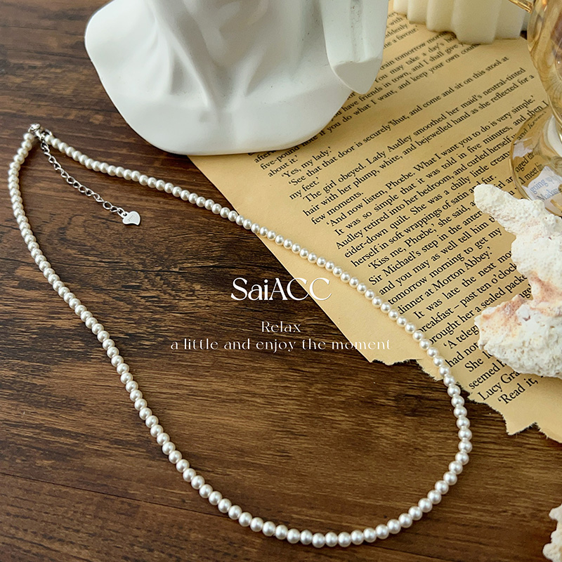 法式风3mm暖白色s925银正圆强光施家水晶珠珠项链女士高级42+5cm