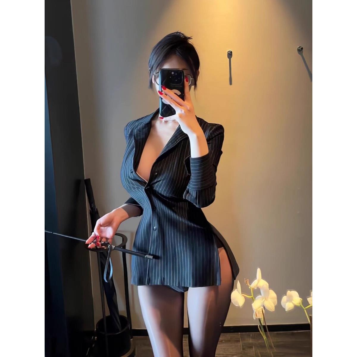 夜店OL职业装御姐黑色条纹长袖衬衫女夏薄款收腰宽松显瘦制服上衣