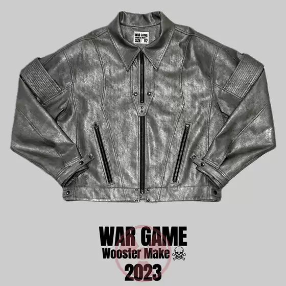 Woosterarchive2023Ss Meteorite Gray Leather Wax Double-Ring Buckle with Slide-Down Shoulder Pads and Multi-Zipper Jacket