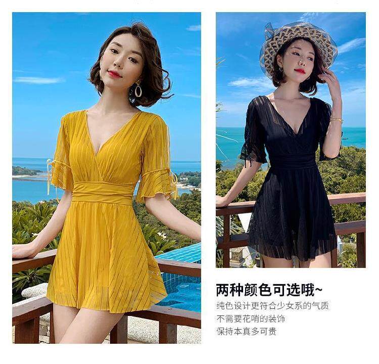 泳衣分体女透明拍照2020新款黄色裙式个性2020年夏季连体三件套xl