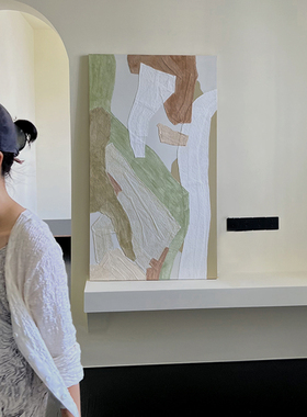 墨山绿色雅古朴抽象唯美轻奢原创手绘油画客厅玄关小众卧室装饰画