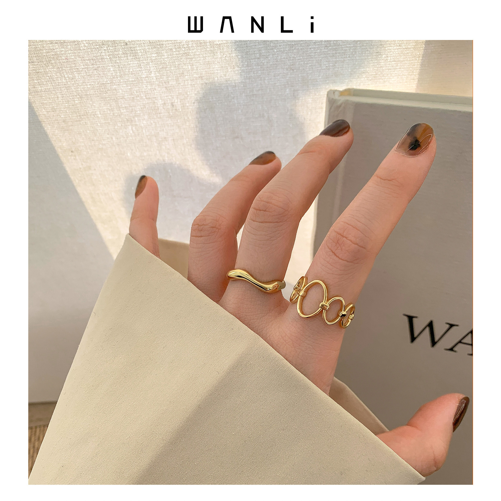 挽里饰品|镂空圆环食指戒指两只套方形开口复古chic叠戴个性指环