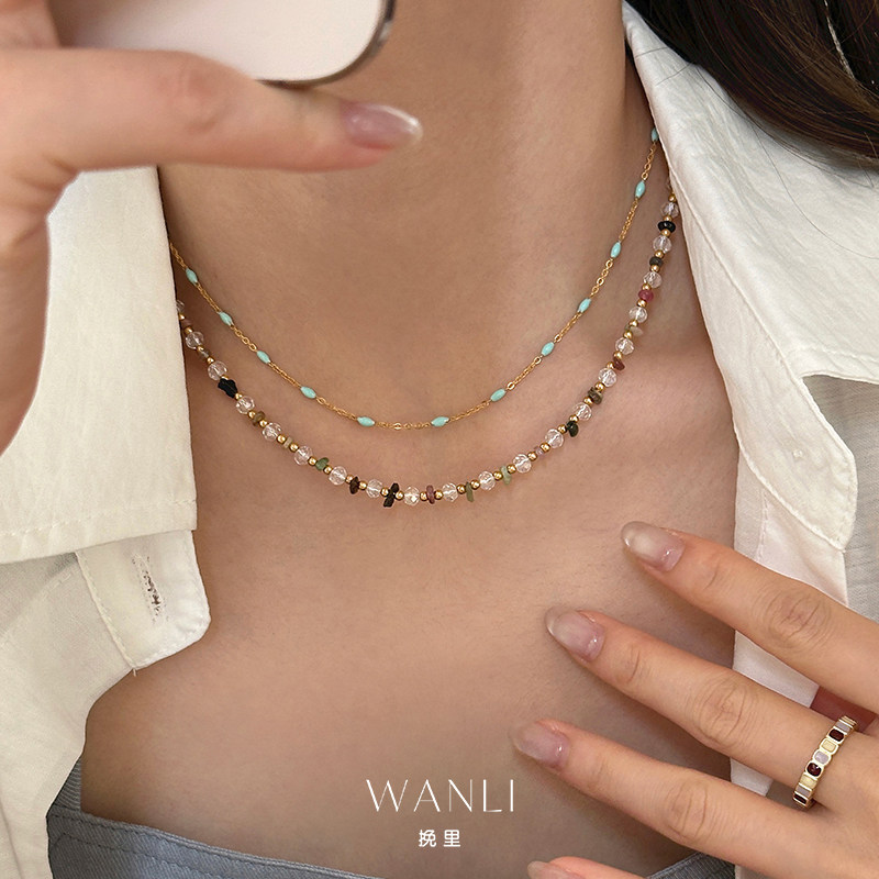 彩色碧玺碎石滴釉项链锁骨链女款日常百搭配裙子高级感不掉色简约
