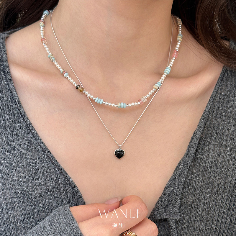 珍珠寿山石爱心项链锁骨链吊坠女叠戴夏天清新高级感精致简约百搭