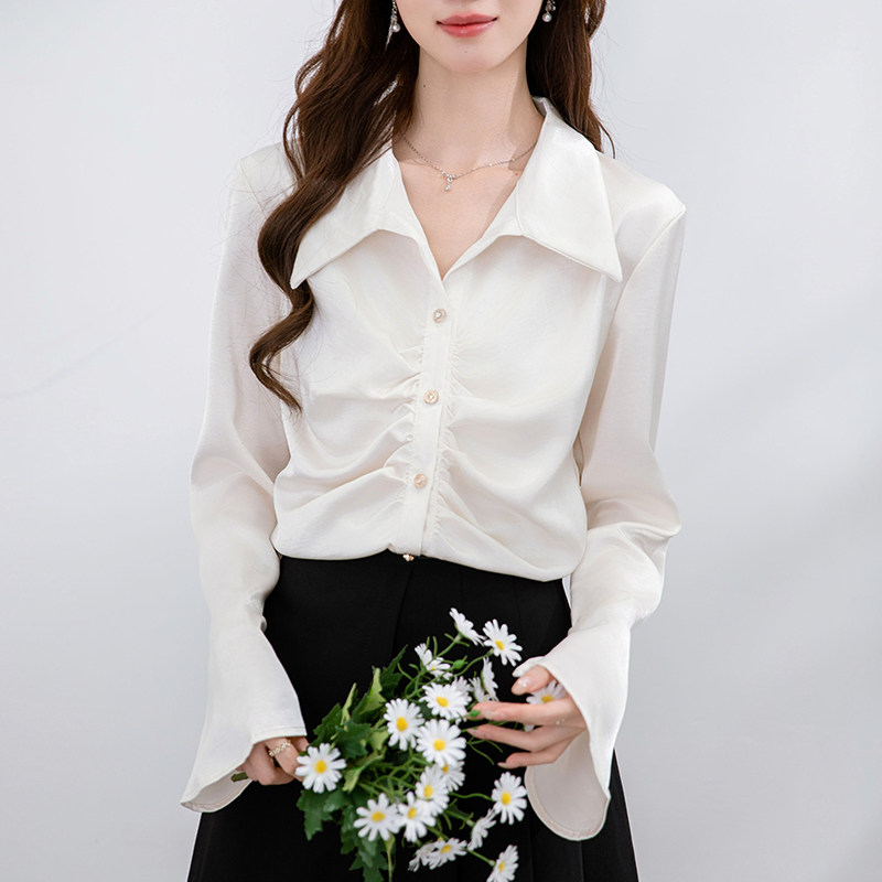 2026春季新款百搭皱褶长袖衬衫女上衣女士时髦衬衫设计款职业服女