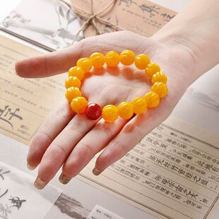 新款淄博老琉璃手串网瓜棱鸡油黄手链博山复古佛珠手链景区送礼物