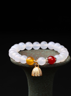 新款天然白玛瑙手串莲蓬手坠单圈女士手串6-10MM玛瑙水晶玉髓手链