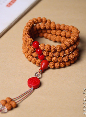 精品天然小金刚菩提手持多圈手串搭配朱砂三通佛珠吊坠文玩男女