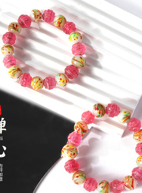 新品老琉璃手串复古凤尾粉点翠绿蛙皮纯手工手链文玩珠子中古送礼