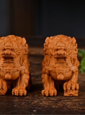 崖柏黄杨木雕狮子摆件一对小号实木家居门口厅鎮宅汽车装饰品木质