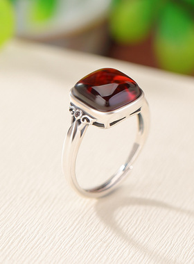 九世银S925纯银血珀卷草纹简约方形小众款指环时尚高级感轻奢戒指