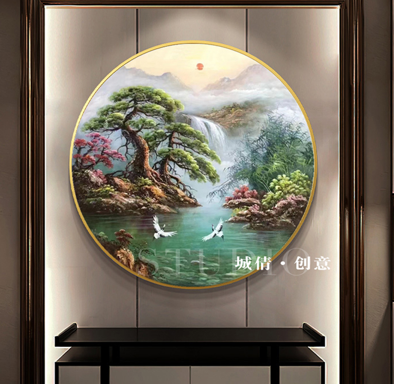 纯手绘中式客厅玄关装饰画聚宝盆风景油画餐厅入户圆形挂画定制画图片