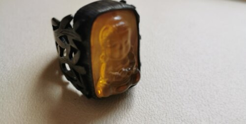 纯银天然琥珀戒指大码男士小佛爷浮雕
