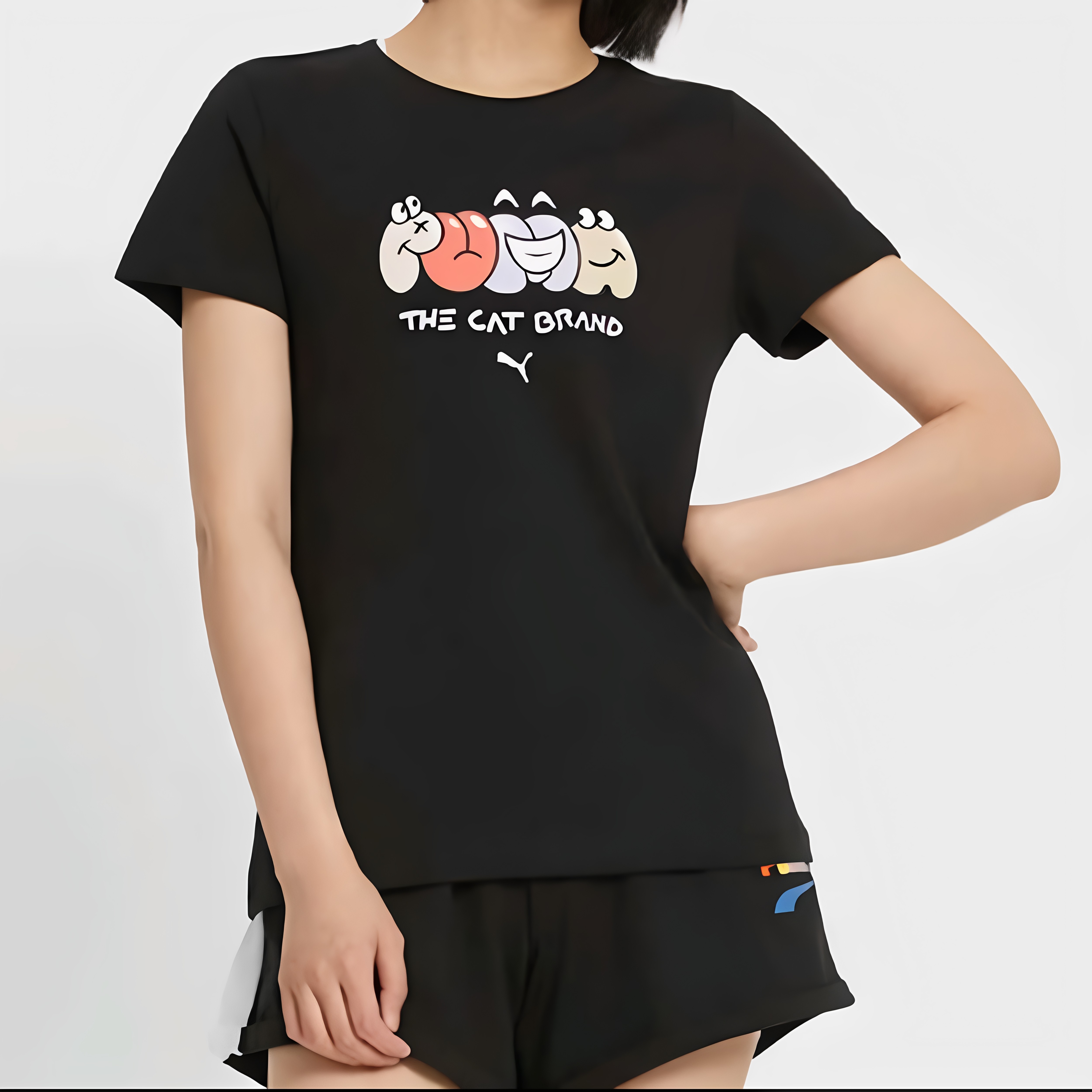 M~L码PUMA彪马女款卡通印花黑色棉质训练运动休闲短袖532633-01