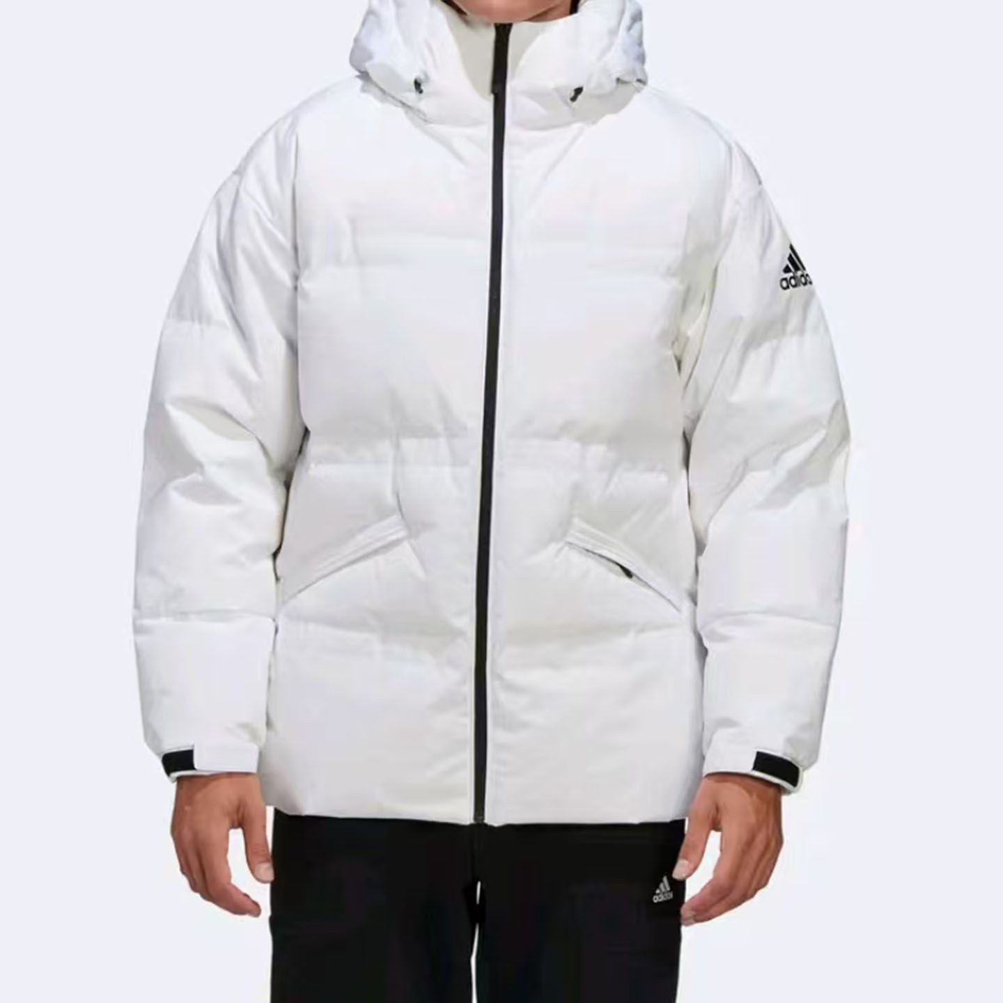 Adidas阿迪达斯百搭户外时尚三条纹设计运动保暖连帽羽绒服GF0061