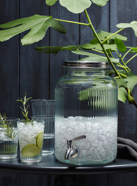 美式竖纹家用果汁罐带龙头冷水罐柠檬水果茶桶青梅酒玻璃密封罐