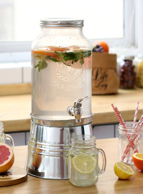 圆形水果柠檬网红果汁罐玻璃酒桶带龙头甜品台饮料桶可乐桶带冰桶