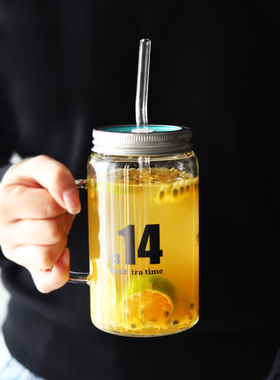 masonjar创意耐热梅森杯圆形有盖早餐吸管杯家用透明耐高温玻璃杯