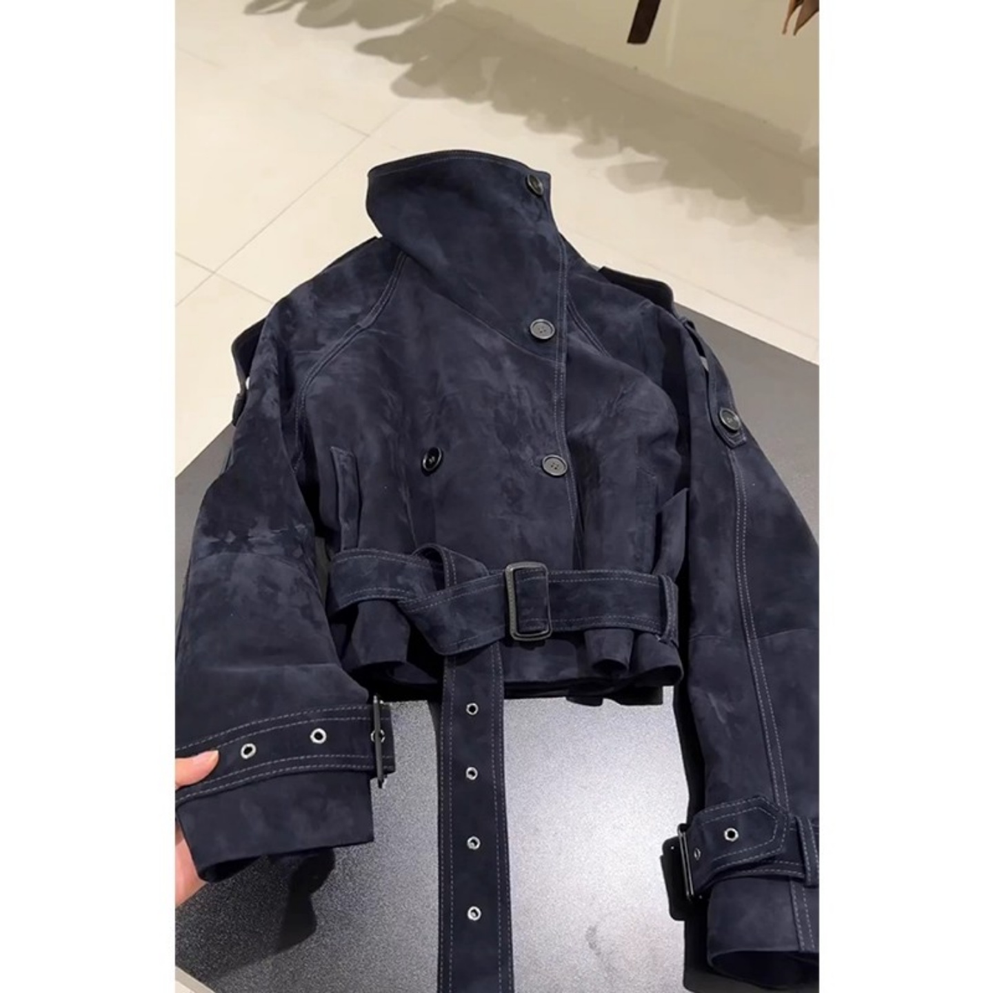 chic别致设计感复古藏蓝色外套