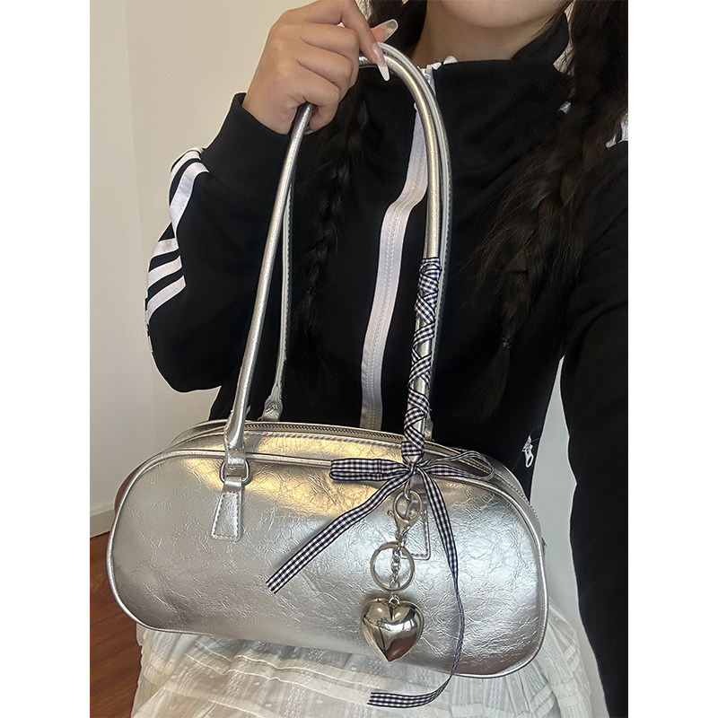 兮兮定制包包女韩版春季新款芭蕾风手提女包潮百搭银色单肩腋下包