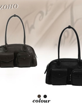 XIZOHO黑色保龄球包复古高级感双口袋波士顿包小众设计单肩手提包