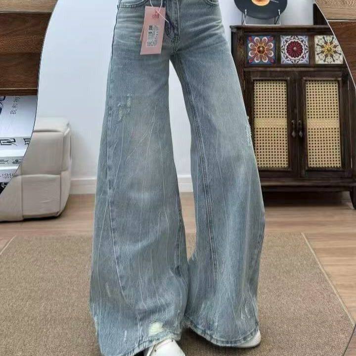 美式覆古水洗浅色破洞阔腿牛仔裤女新款高腰宽松显瘦百搭直筒长裤