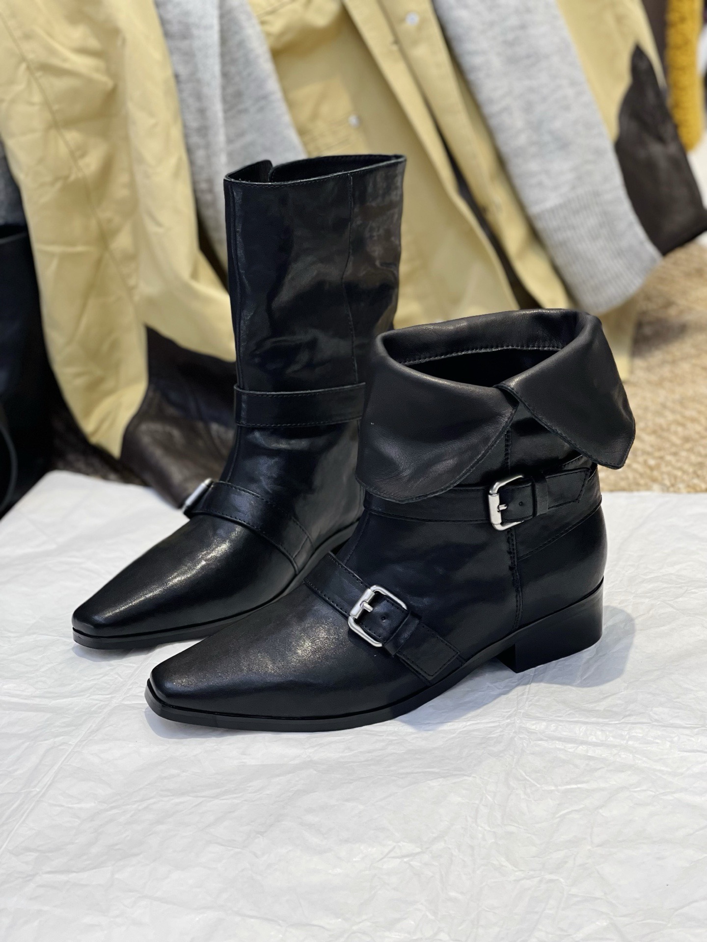 全手工小众设计两穿可折叠水洗马皮25秋冬新款骑士靴尖头中筒靴女