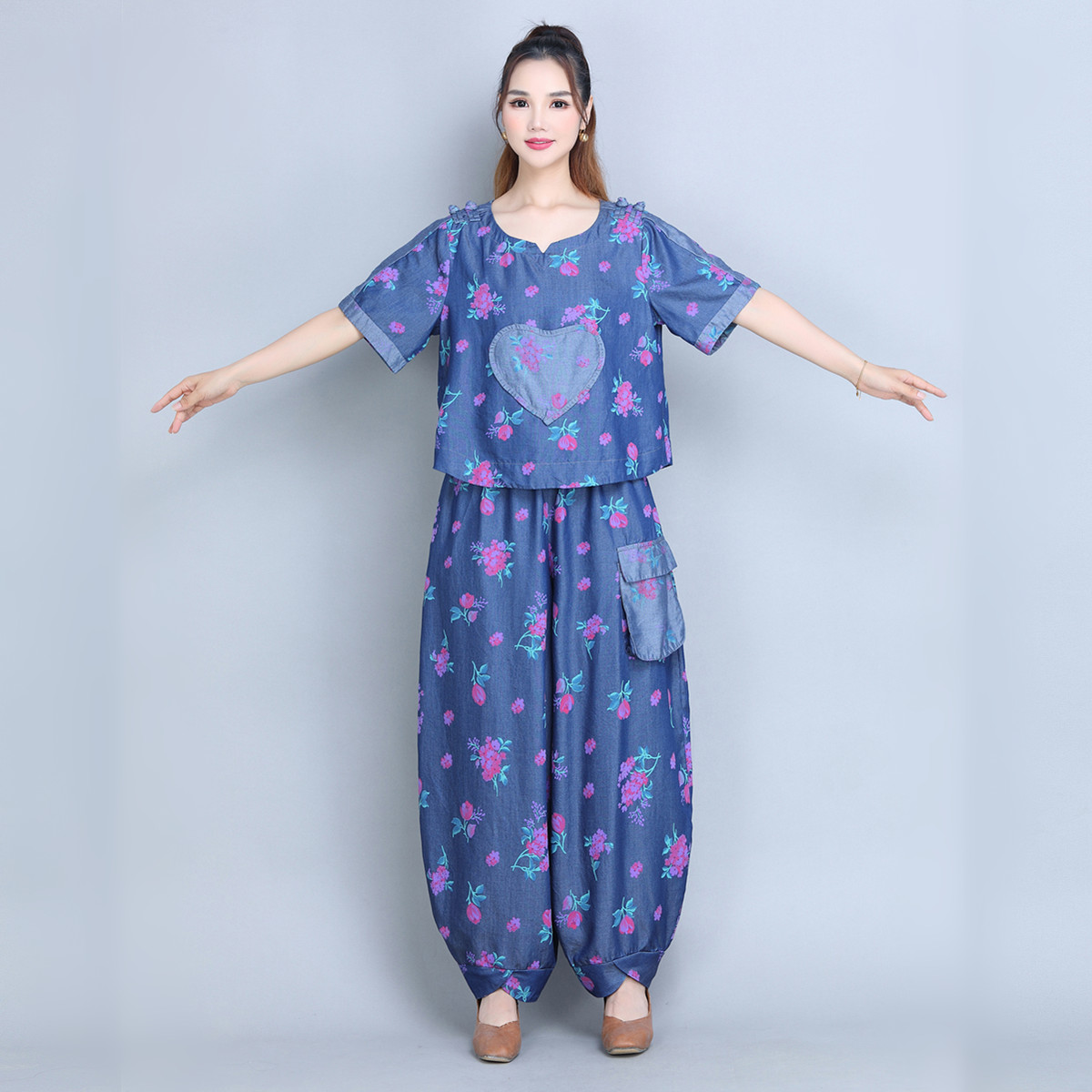 至简元素夏季棉麻碎花阔腿套装女
