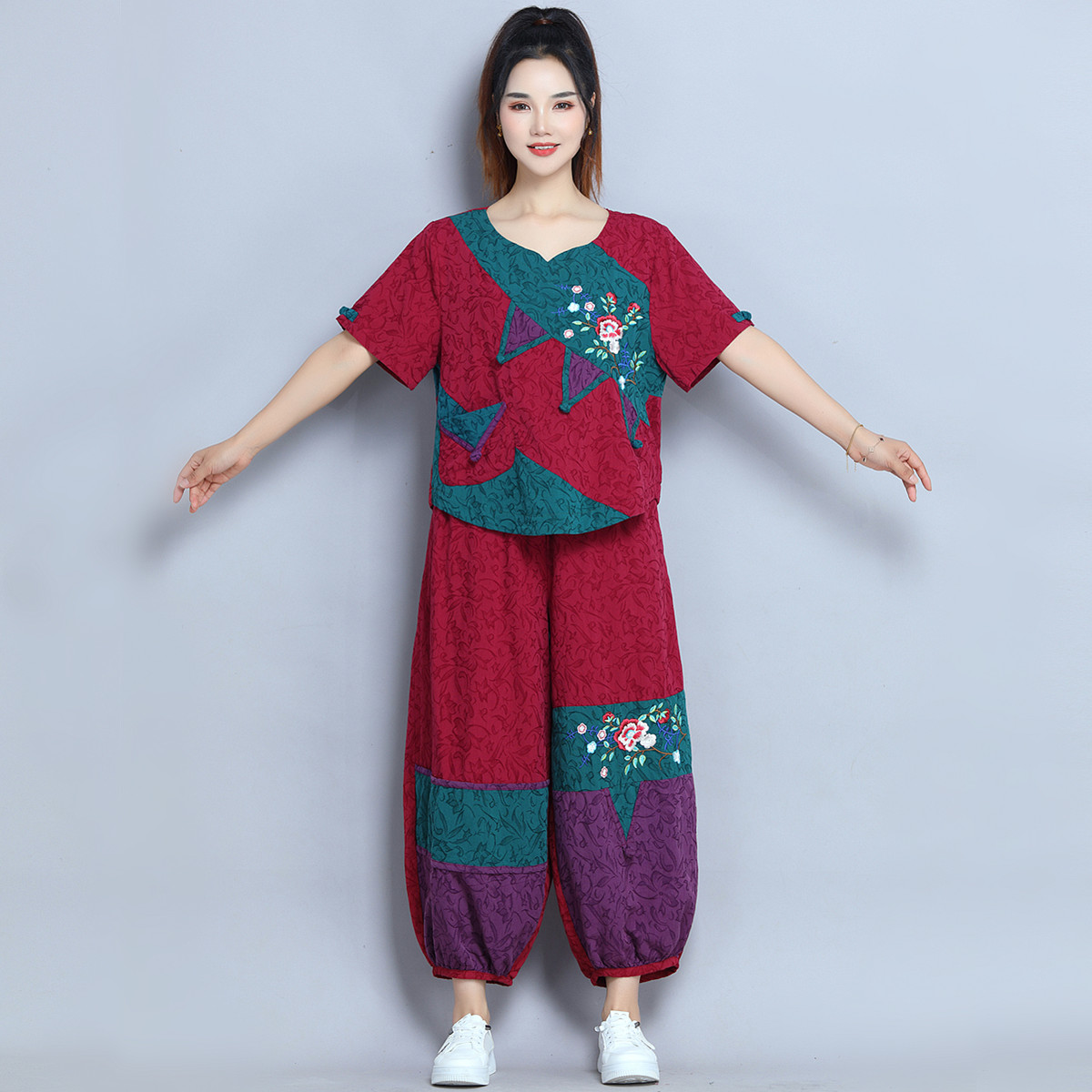 夏季绣花棉麻阔腿裤女两件套时尚
