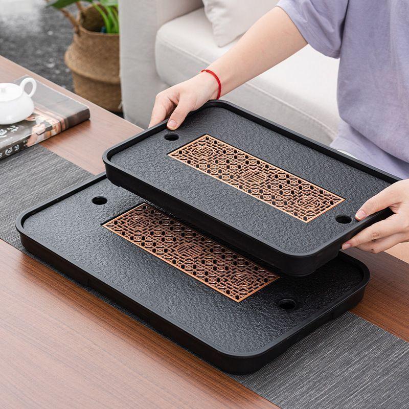 茶具茶盘家用茶托盘轻奢现代小型干泡台仿乌金石茶海排水盘竹茶海