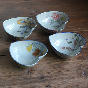 景德镇陶瓷 新品釉下彩手绘花卉心形碗复古茶点碟 水果碗家用餐具