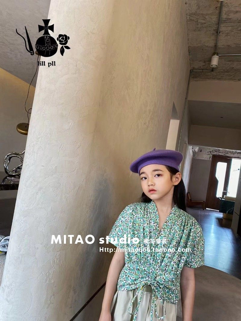 大品莉莉白lill pll 夏120/140码女童绿色碎花抽绳衬衫0728