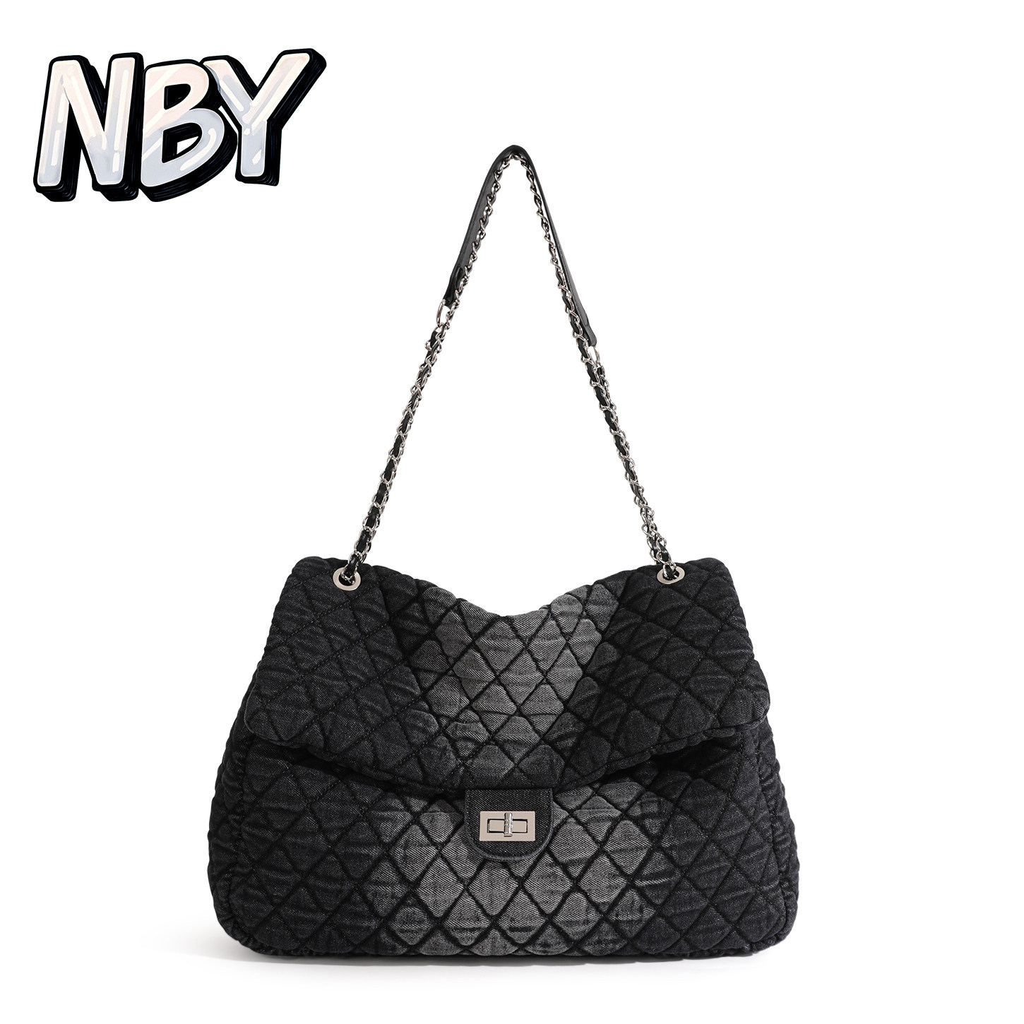 2025新款欧美时尚大牌质感大包包水洗牛仔布菱格链条单肩包斜挎包