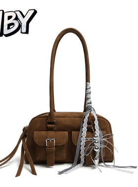 小众复古NBY原创潮牌麂皮棕腋下波士顿包女百搭通勤大容量单肩包