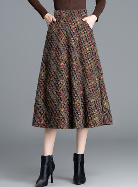 2025新款水貂绒格子雪尼尔半身裙女秋冬中长高腰显瘦伞裙a字裙子