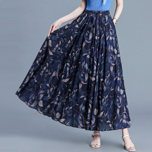 印花垂坠感半身裙女夏季中长款2025新款高腰显瘦大摆碎花a字裙子