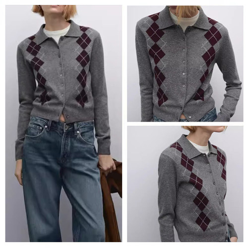 西班牙单2026春秋季款英伦学院风复古菱形纹Polo领针织开衫外套女