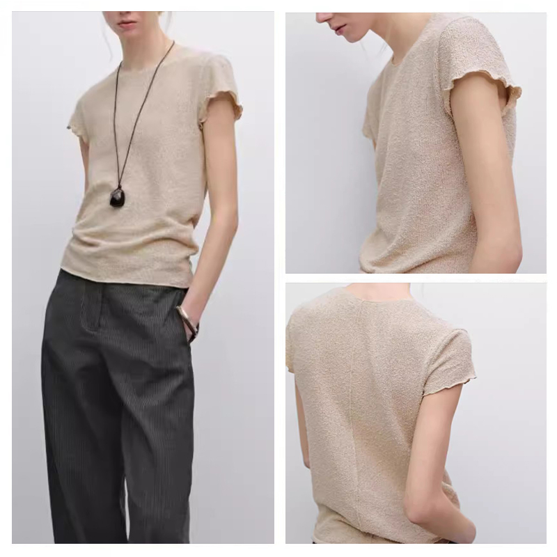 西班牙女装2025夏季新款基础款简约时尚透气针织木耳边短袖T恤