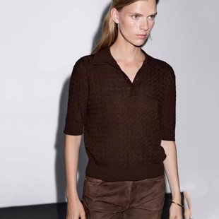 上衣 西班牙单 早秋新品 百搭高智感都市通勤风绞花中袖 针织POLO衫