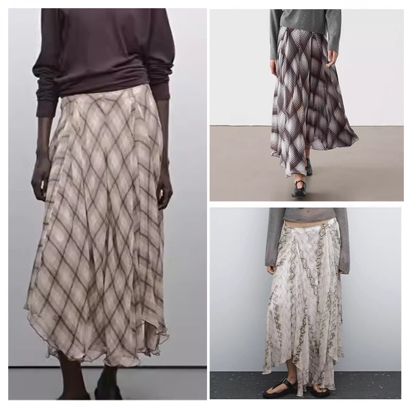 西班牙单2025春秋新品法式气质艺术系格纹飘逸垂坠感喇叭半身裙女