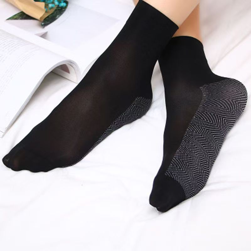 保暖袜子女秋冬季加厚耐磨中筒袜棉底防滑春秋黑色丝袜防勾丝短袜